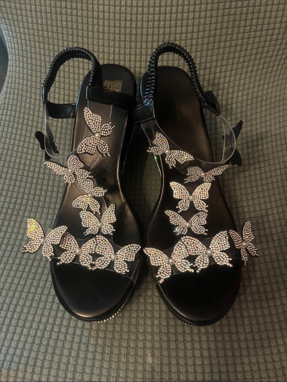 Embellished Black Butterfly Slingback Sandals
